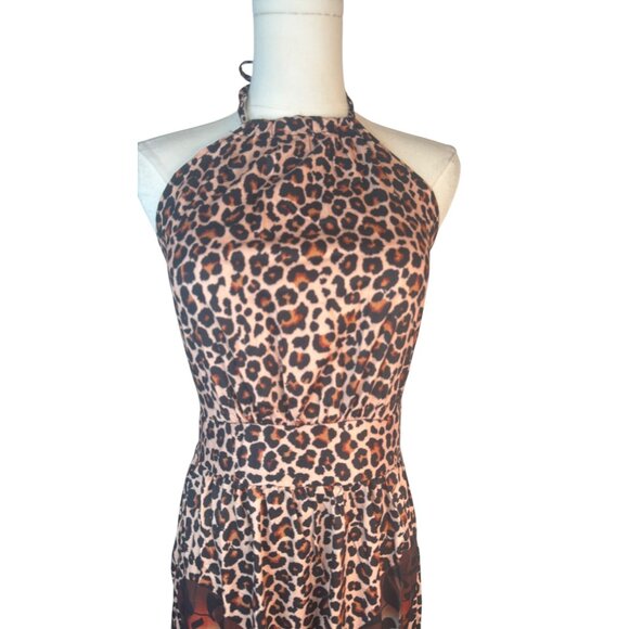 2/$50 NEW Leopard M Print Boho Halter Maxi Dress Butterfly Detail Sleeveless - Picture 5 of 16